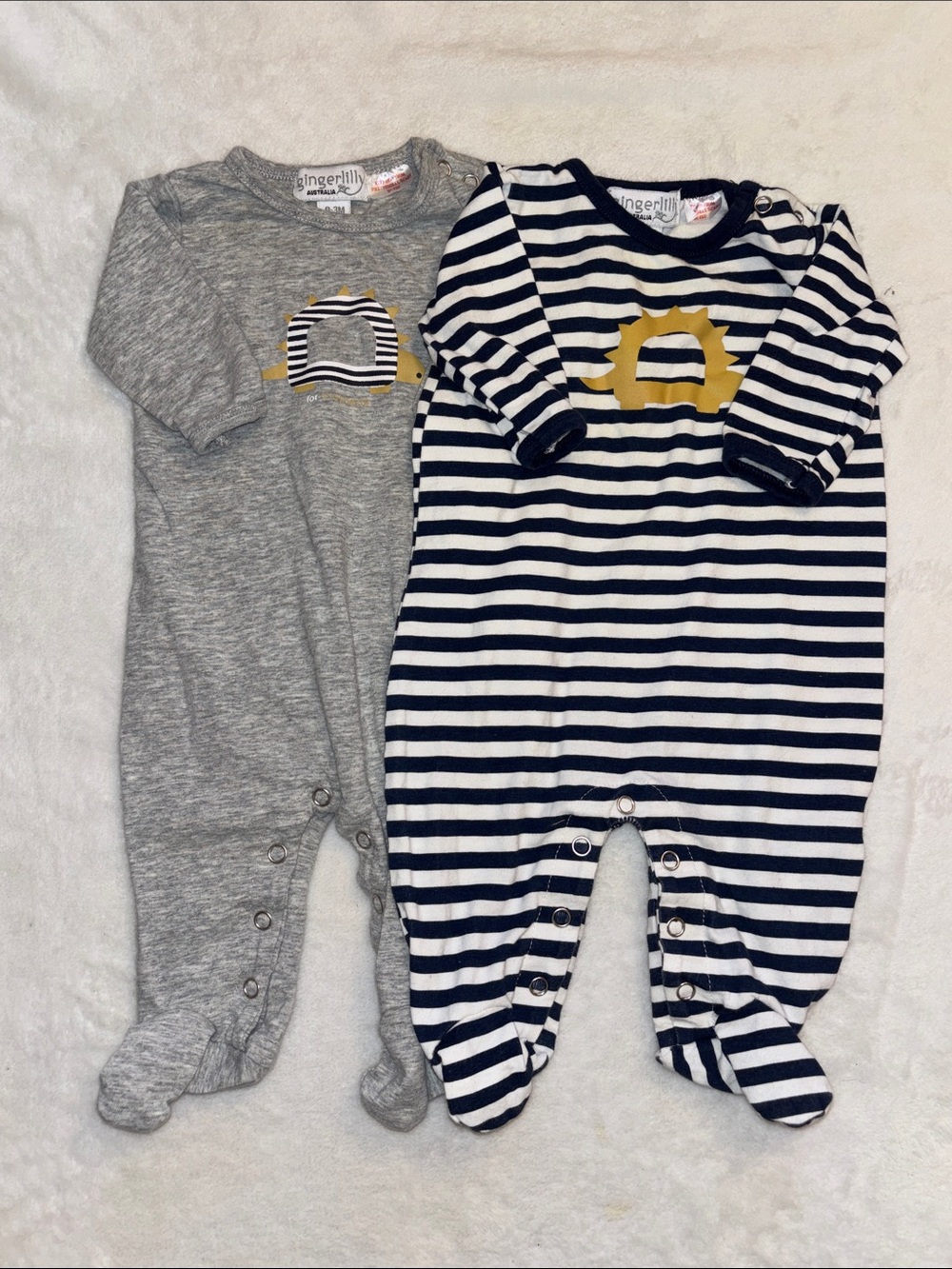 Gingerlily Navy & White Striped Baby sleepers rompers with dinosaur design